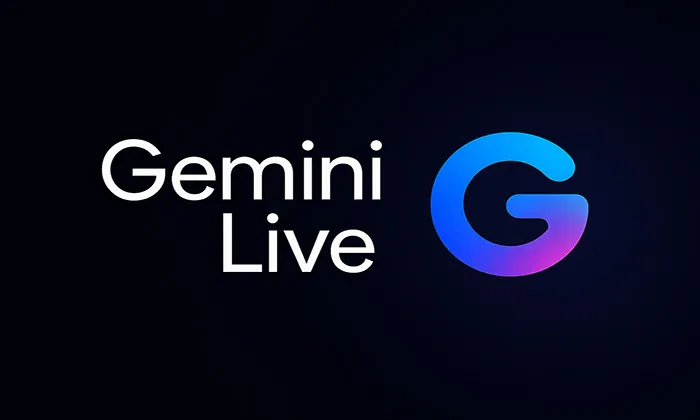 Google Gemini For Home: Akıllı Evlerde Yeni Dönem Gemini Live yazısı ve renk geçişli G logosu, koyu arka plan üzerinde modern ve teknolojik bir tasarımla sunuluyor. Yapay zekâ destekli sesli asistanı temsil eden görsel, akıcı iletişim ve dijital etkileşim temasını vurguluyor.