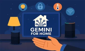Google Gemini For Home: Akıllı Evlerde Yeni Dönem “Gemini for Home” yazılı ekranın merkezde yer aldığı, akıllı hoparlörler, masa lambası ve akıllı ev simgeleriyle çevrelenmiş, 700x420 çözünürlükte yatay bir dijital illüstrasyon. Görsel, Google’ın yeni nesil yapay zekâ destekli ev asistanını temsil ediyor.