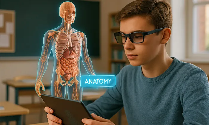 Artırılmış Gerçeklik Nedir?: Gerçek Dünyayı Dijitalle Birleştirin! Bir öğrenci AR gözlüğü ile insan anatomisini 3boyutlu olarak inceliyor. Ortam sınıf. Etkileşimli öğeler var.