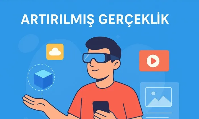 Artırılmış Gerçeklik Nedir?: Gerçek Dünyayı Dijitalle Birleştirin! Artırılmış Gerçeklik hakkında öne çıkan bir görsel. Ön planda AR gözlüğü takan bir erkek karakterin dijital dünyayı gerçek dünya ile buluşturduğu ambiyansını veren bir kompozisyon.