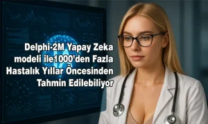 Delphi-2M Yapay Zeka ile 1000’den Fazla Hastalık Yıllar Öncesinden Tahmin Ediliyor Beyaz önlük giymiş kadın doktor, yapay zeka destekli sağlık ekranı önünde, Delphi-2M yapay zeka modeli ile hastalık tahminini simgeleyen fotoğraf.