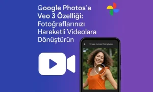 Google Photos’a Veo 3 Özelliği: Fotoğraflarınızı Hareketli Videolara Dönüştürün Google Photos’a Veo 3 Özelliği: Fotoğraflarınızı Hareketli Videolara Dönüştürün” başlıklı tanıtım görseli. Sol tarafta beyaz renkle yazılmış başlık metni yer alırken, sağda Google Photos logosu ve bir akıllı telefon ekranında dans eden bir kadının fotoğrafı görülüyor. Telefon ekranında video oynatma simgesi bulunuyor.