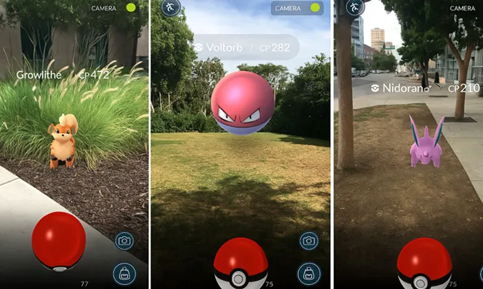 Artırılmış Gerçeklik Nedir?: Gerçek Dünyayı Dijitalle Birleştirin! Pokemon Go adlı oyunun arayüzünden 3 görselin yan yana birleştirilmesi ile oluşan bir görsel.