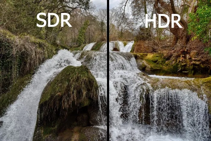 HDR Teknolojisi Nedir? HDR Nasıl Kullanılır? Yan yana karşılaştırılan bir şelale manzarası: solda SDR teknolojisiyle daha soluk ve düşük kontrastlı görüntü, sağda HDR ile canlı renkler, yüksek parlaklık ve detaylı gölgeler. HDR, doğa sahnesine derinlik ve gerçekçilik katıyor.
