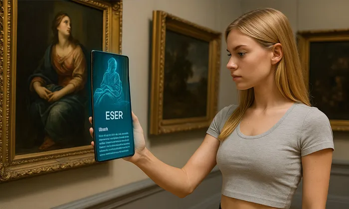 Artırılmış Gerçeklik Nedir?: Gerçek Dünyayı Dijitalle Birleştirin! Bir sanat galerisinde genç bir kadın, telefonuyla klasik bir tabloyu tarıyor. Ekranda artırılmış gerçeklik (AR) teknolojisiyle eserin holografik versiyonu ve açıklayıcı metin beliriyor. Arka planda çerçeveli tablolar ve müze ortamı yer alıyor.