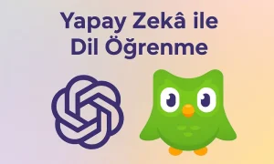 Yapay Zeka ile Dil Öğrenmek Çok Kolay: Duolingo mu ChatGPT mi? Yapay Zeka ile Dil Öğrenmek başlıklı pastel tonlarda 16:9 görsel. ChatGPT ve Duolingo logoları yan yana yer alıyor.