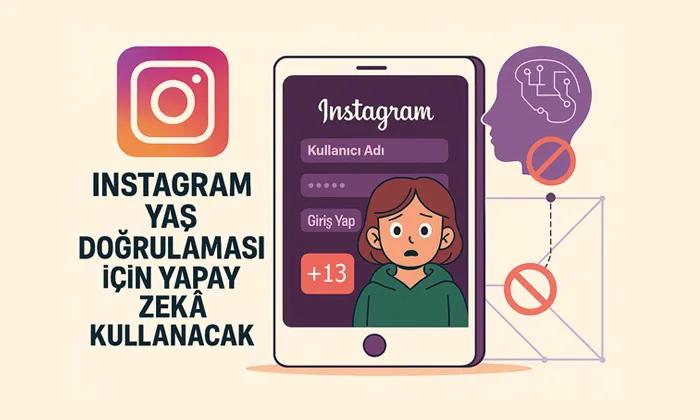 Yapay Zeka ile Instagram yaş analizi geliyor. Yapay zeka ile instagram yaş analizini anlatan dijital illüstrasyon. Sol tarafta Instagram logosu ve “Instagram Yaş Doğrulaması İçin Yapay Zekâ Kullanacak” başlığı yer alıyor. Sağ tarafta, giriş ekranı açık bir telefon ve 13 yaş altı bir kullanıcıyı temsil eden genç bir karakter görülüyor.
