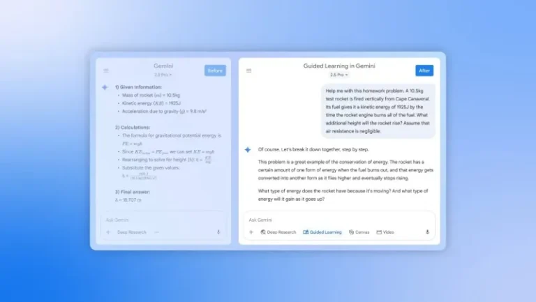 Yeni Öğretmeniniz Google Gemini: Rehberli Öğrenme (Guided Learning) Nedir? Google Gemini'nin Rehberli Öğrenme (Guided Learning) modelini temsil eden bir gemini penceresinin görseli