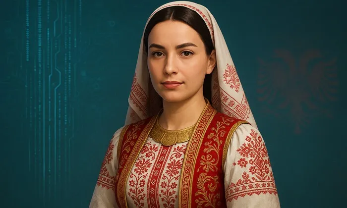 Dünyanın İlk Yapay Zeka Bakanı! YZ Arnavutlukta Bakan Oldu! Geleneksel Arnavut kıyafetleri giymiş bir kadın figürü, dijital devre desenleri ve Arnavutluk’un çift başlı kartal amblemiyle çevrelenmiş sade bir arka planda yer alıyor. Arnavutluk devletinin Kültürel miras ile teknolojiyi birleştiren yapay zeka bakanını simgeliyor.