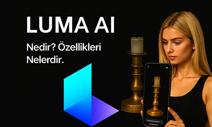3D Modelleme Luma AI Nedir? Özellikleri, Kullanım Alanları Siyah arka planda beyaz “LUMA AI – Nedir? Özellikleri Nelerdir.” metni ve mavi-mor geometrik logo; sağda cep telefonunda pirinç şamdanın 3B modellemesini gösteren kadın.