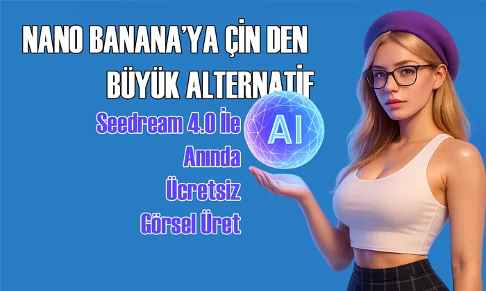 NanoBanana'nın yeni Rakibi Çin'den! Seedream 4.0 ile Tanışın Seedream 4.0 tanıtım görseli: Mor bereli, gözlüklü bir kadın elinde 'AI' yazılı parlayan küre tutuyor. Arka planda mavi tonlar hâkim, üst kısımda 'Nano Banana’ya Çin’den Büyük Alternatif' ve alt kısımda 'Seedream 4.0 ile Anında Ücretsiz Görsel Üret' yazısı yer alıyor.