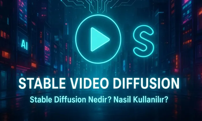 Stable Video Diffusion Nedir? Nasıl İndirilir? 2025 Rehberi Stable Video Diffusion tanıtım görseli: neon ışıklı dijital şehir manzarası, ortada play butonu ve 'S' logosu, altında 'Stable Diffusion Nedir? Nasıl Kullanılır?' başlığı.