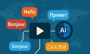 YouTube Çok Dilli Seslendirme ile Kanalınızı Dünya Çapında Büyütün Youtube çok dilli seslendirme özelliğini temsil eden görsel. Ortada bir oynatma simgesi, çevresinde farklı dillerde konuşma balonları ve yapay zekâ simgesiyle dijitalleşme vurgusu var.