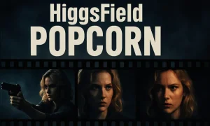 Higgsfield Popcorn: Yapay Zeka ile Video Üretiminde Fark Yaratıyor Sinematik bir 16:9 afiş; koyu tonlarda dramatik bir arka plan üzerinde “HiggsField POPCORN” başlığı beyaz kalın harflerle yer alıyor. Ortada yatay bir film şeridi içinde, farklı ışık ve pozlarda üç stilize kadın portresi bulunuyor: