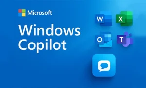 Microsoft'un Yapay Zekası Copilot Nedir? Nasıl Çalışır 2025 Rehberi Windows Copilot Nedir tanıtım görseli: Microsoft logosu, büyük puntolu “Windows Copilot” yazısı ve yanında Word, Excel, Outlook ile Teams uygulama ikonları. Mavi degrade arka plan üzerinde düzenlenmiş modern bir tasarım.