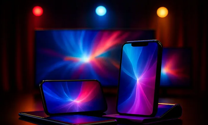 OLED, AMOLED ve QLED Nedir? Farkları Nelerdir? Katlanabilir telefonlar ve televizyon Oled Qled ve Amoled ekranları temsil ediyor ve sahne ışıklarıyla aydınlatılmış sergileniyor. Renkli ekranlar ve kırmızı, mavi, sarı spot ışıklar dikkat çekiyor.