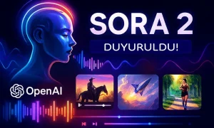 Sora 2 Çıktı: Yapay Zeka İle Video ve Ses Üretiminde Yeni Dönem Başladı SORA 2 duyurusu: OpenAI tarafından tanıtılan yapay zeka temalı dijital görsel, neon renkli insan profili ve video ön izlemeleriyle geleceğin teknolojisini vurguluyor.