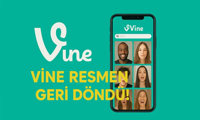 6 Saniyelik Videolar İle Bilinen Vine diVine olarak 2025 yılında geri dönüyor? Vine logosu Vine resmen geri döndü başlığı ile divine tanıtım görseli.