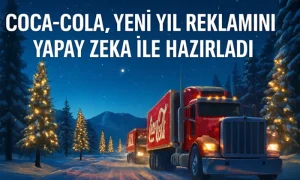 Coca Cola'nın Tamamiyle Yapay Zeka ile Yapılan Reklamı Coca‑Cola logolu kırmızı kamyon konvoyu karla kaplı yolda ilerlerken; çevrede yılbaşı ışıklarıyla süslü çam ağaçları, yıldızlı gece gökyüzü ve uzak karla kaplı dağlar; üstte beyaz büyük başlık metni; Coca‑Cola’nın yapay zeka ile yapılan reklamı vurgulanıyor.