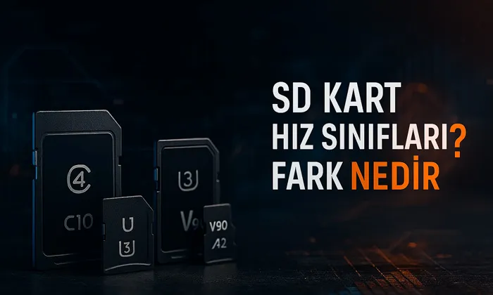 Hafıza Kartı, SD Kart Hız Sınıfları V10, U3, C10 Ne Anlama Geliyor? SD ve microSD kartlar, farklı hız sınıflarıyla karanlık teknolojik bir arka planda sergileniyor; sağda “SD KART HIZ SINIFLARI? FARK NEDİR?” yazısı yer alıyor.