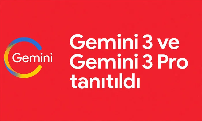 İşte Karşınızda Gemini 3 ve Gemini 3 Pro Kırmızı arka plan üzerinde Gemini logosu ve beyaz renkle yazılmış “Gemini 3 ve Gemini 3 Pro tanıtıldı” başlığı ile kapak görseli.