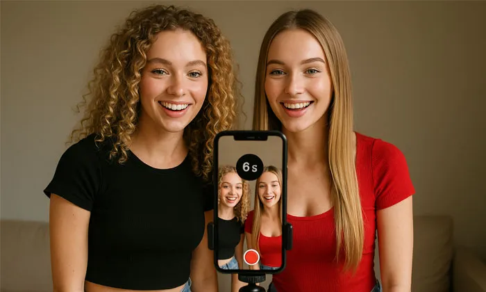 6 Saniyelik Videolar İle Bilinen Vine diVine olarak 2025 yılında geri dönüyor? Vine çeken 2 adet kız önlerinde tripotta yer alan bir telefon ve 6 saniye vurgusu ile tanıtım görseli.