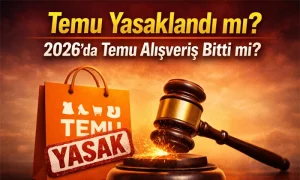 Temu yasaklandı mı? 2026'da Temu alışveriş bitti mi? Temu yasaklandı mı? 2026’da Temu alışveriş bitti mi sorusunu yansıtan, Temu alışveriş çantası ve tokmak görselli haber kapak görseli.