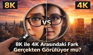 8K ile 4K Arasındaki Fark Gerçekten Görülüyor mu? 8K ile 4K arasındaki farkı gösteren karşılaştırmalı görsel, yakın planda 8K ve 4K çözünürlük detaylarının gözle farkı