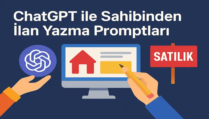 ChatGPT ile Sahibinden İlan Yazma Promptları ChatGPT logosu, bilgisayar ekranında ilan simgeleri ve “SATILIK” tabelasıyla birlikte “ChatGPT ile Sahibinden İlan Yazma Promptları” başlığı ortalanmış şekilde yer alıyor.