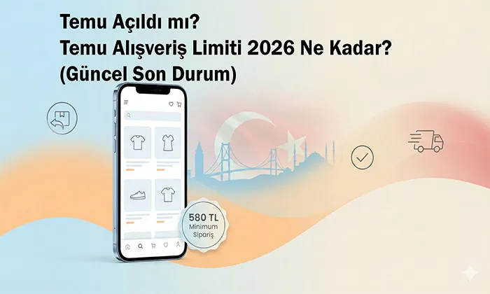 Temu Açıldı mı? Temu Alışveriş Limiti 2026 Ne Kadar? (Güncel Son Durum) Temu açıldı mı sorusuna yanıt veren 2026 Temu alışveriş limiti görseli, 580 TL minimum sipariş ve Temu Türkiye son durum 2026 bilgisi