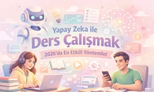 Yapay Zeka ile Ders Çalışmak: 2026’da En Etkili Yöntemler Yapay zeka ile ders çalışmak başlıklı öğrenci illüstrasyonu