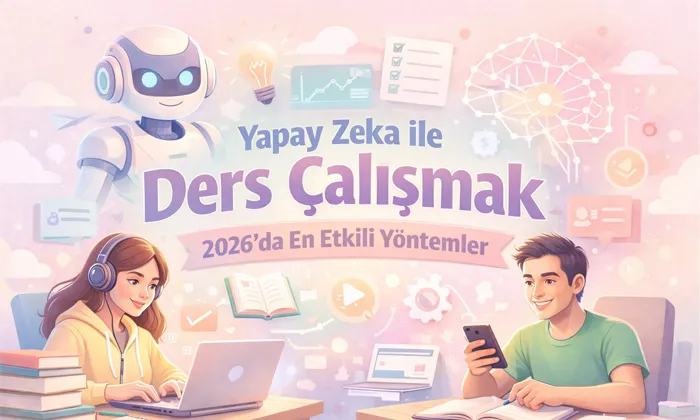 Yapay Zeka ile Ders Çalışmak: 2026’da En Etkili Yöntemler Yapay zeka ile ders çalışmak başlıklı öğrenci illüstrasyonu