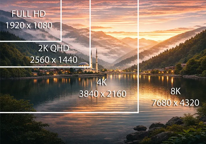 8K Televizyon Alınır mı? Kimler İçin Mantıklı, Kimler İçin Gereksiz? Full HD 2K 4K ve 8K görüntü farkları temsili.