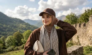 Tesettürlüler İçin Promptlar (Gemini & ChatGPT için En Güzel Promptlar) Tarih ve yeşilliğin birleştiği bir manzarada portre promptu ile üretilen bir örnek görsel.