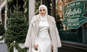 Tesettürlüler İçin Promptlar (Gemini & ChatGPT için En Güzel Promptlar) Baştan aşağı beyaz lüks sokak stili portresi promptu ile üretilmiş bir örnek görsel.