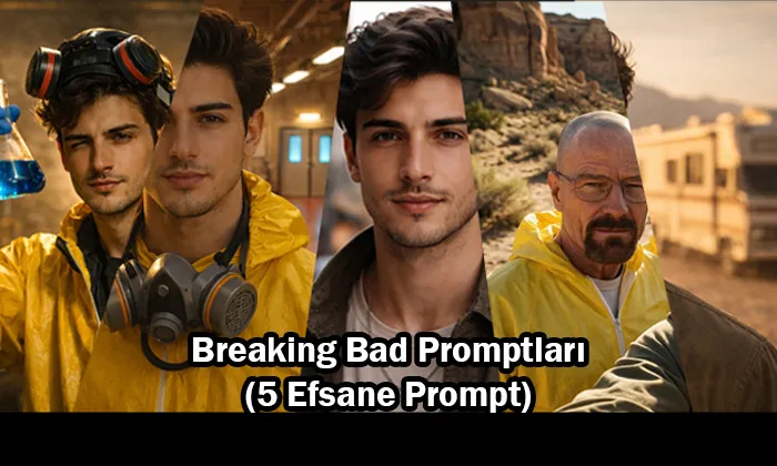 Breaking Bad Promptları: Yapay Zeka ile Walter White Olun! (5 Efsane Prompt) "Breaking Bad Promptları 5 Efsane Prompt" başlıklı kapak görseli.