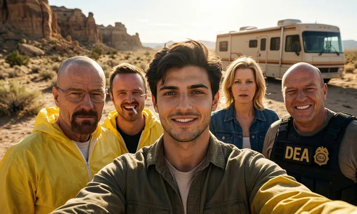 Breaking Bad Promptları: Yapay Zeka ile Walter White Olun! (5 Efsane Prompt) Breaking Bad Başrolleri Selfie Promptu ile üretilen bir görsel.