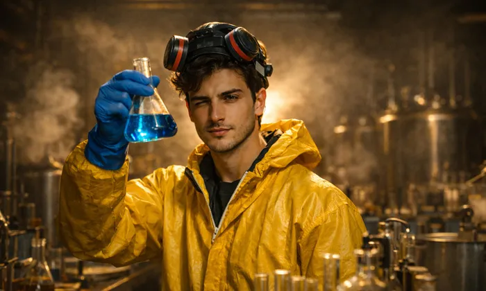 Breaking Bad Promptları: Yapay Zeka ile Walter White Olun! (5 Efsane Prompt) Labaratuvar da Mavi Bir Keşif Promptu ile üretilmiş bir görsel.