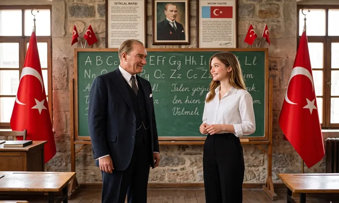 Yapay zeka Atatürk ile fotoğraf yapma (Atatürkle fotoğraf promptları) Atatürk ile Okulda Fotoğraf Promptu ile Üretilmiş Örnek Görsel.