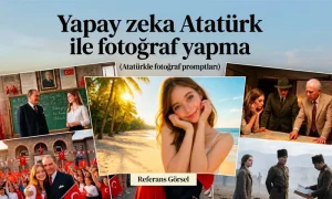 Yapay zeka Atatürk ile fotoğraf yapma (Atatürkle fotoğraf promptları) Yapay zeka Atatürk ile fotoğraf yapma promptları başlıklı öne çıkan kapak görseli.
