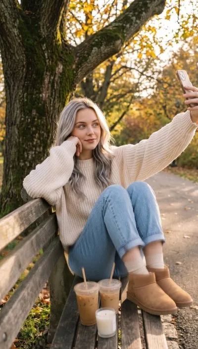Sonbahar için Hazır Promptlar Serisi -1 Bankta Kahve ile Selfie Promptu ile üretilmiş örnek görsel.