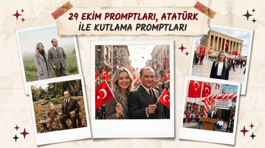Atatürk İle Kutlama ve 29 Ekim Promptları 29 Ekim Promptları, Atatürk İle Kutlama Promptları başlıklı kapak görseli.