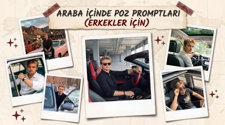 Promptlar - Yapay Zeka İçerik Merkezi Araba İçinde Poz Promptları (Erkekler İçin) başlıklı kapak görseli.