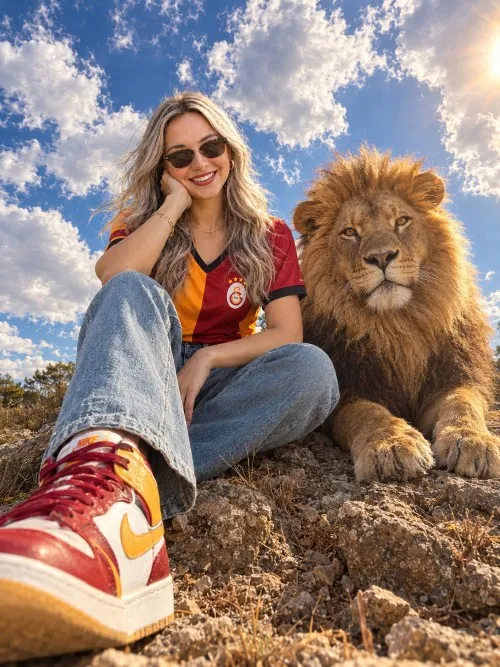 Galatasaray formalı aslan ile fotoğraf promptu ile üretilen örnek görsel.