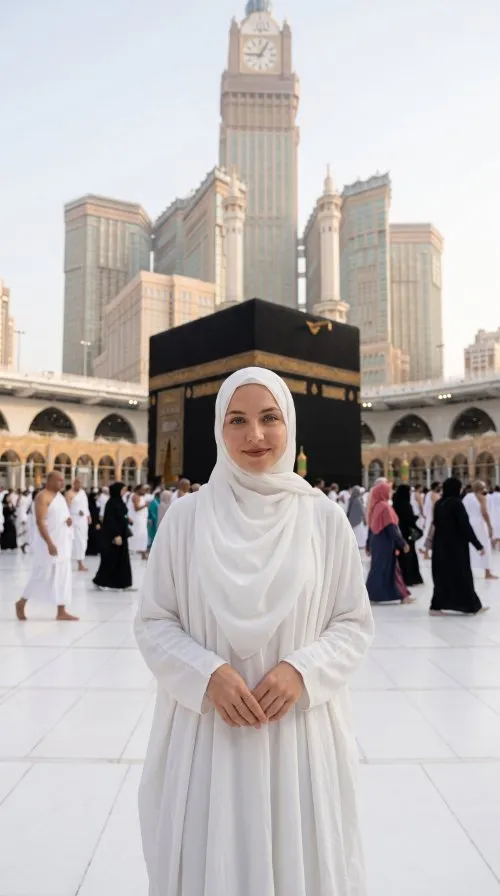 Hac & Mekke Fotoğrafı Promptları Kabe ile fotoğraf promptu ile üretilen örnek görsel.