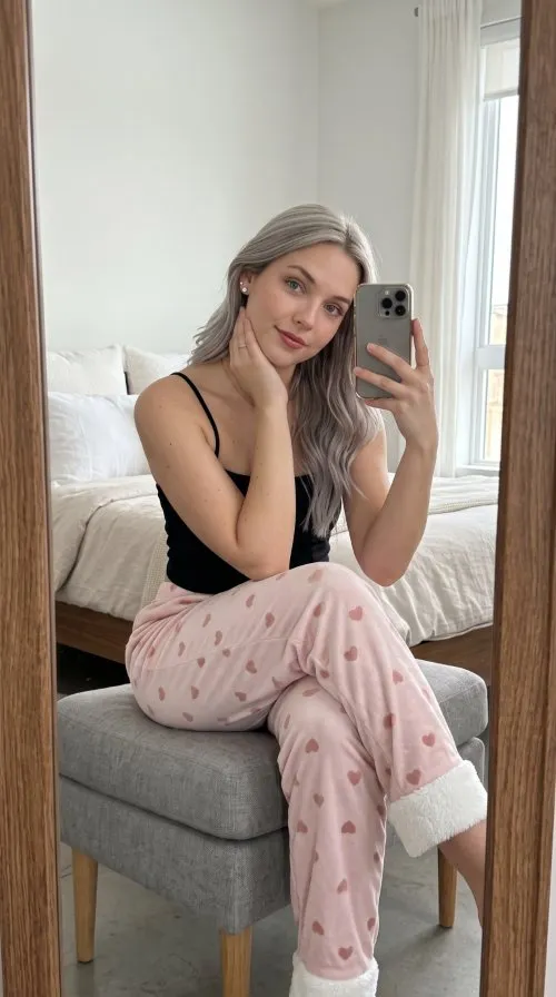 İnstagramlık Selfie Promptları 3. Kalpli pijama ile selfie promptu ile üretilmiş örnek görsel.