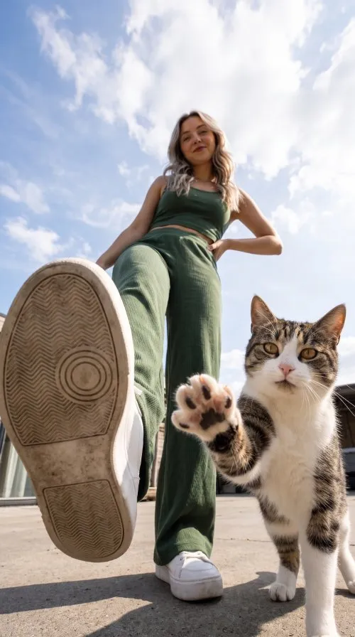 Yapay Zeka Kullanarak Kedi ile Fotoğraf Yapma Promptları Kedi ile ayak kaldirma pozu promptu